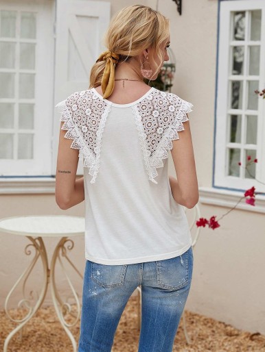 Contrast Guipure Lace Solid Tee