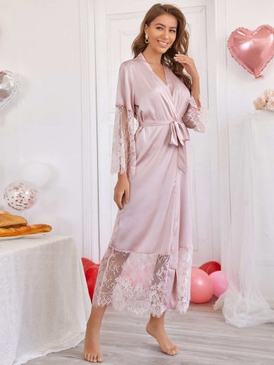 Contrast Lace Panel Belted Satin Robe