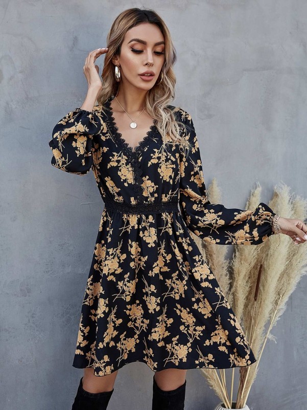 Contrast Lace Trim Allover Floral Print Dress