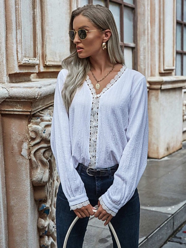 Contrast Lace Trim Button Front Blouse