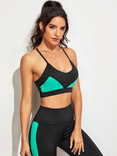 Contrast Panel Criss Cross Back Sports Bra