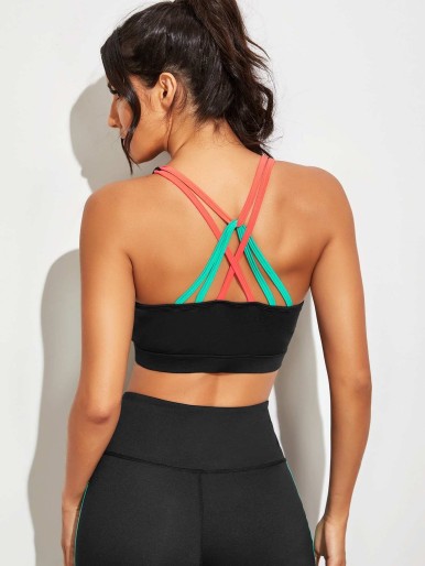 Contrast Panel Criss Cross Back Sports Bra