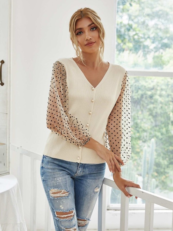 Contrast Polka Dot Mesh Sleeve Button Through Cardigan