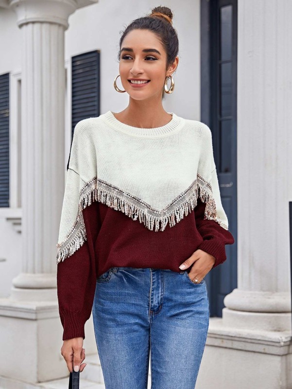 Color block store fringe sweater