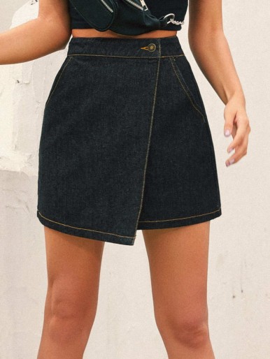 Contrast Stitch Button Front Wrap Denim Skirt