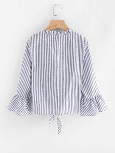 Contrast Striped Knotted Hem Frill Blouse