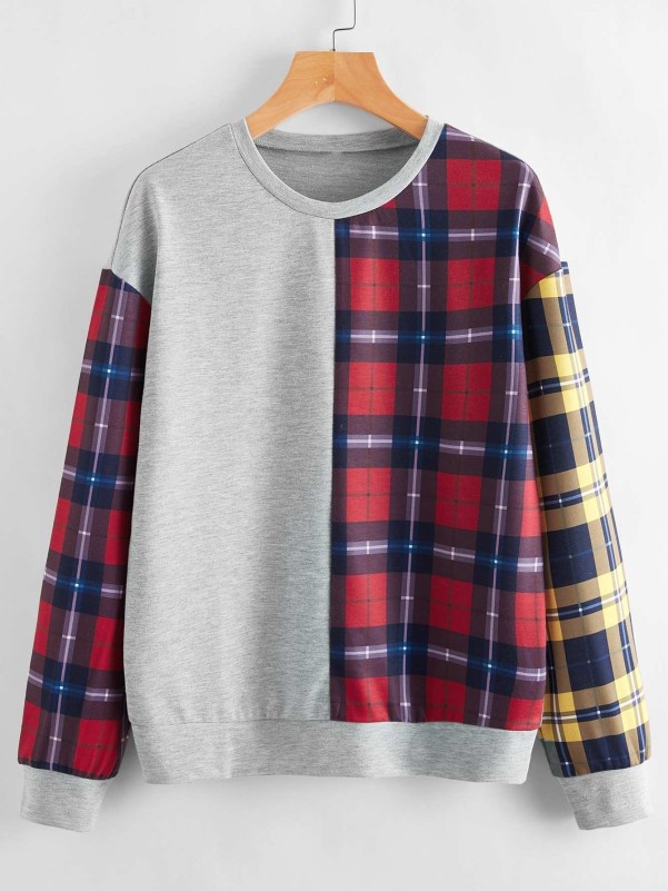 Contrast Tartan Panel Drop Shoulder Sweatshirt