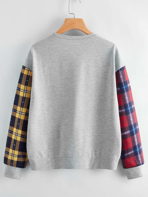 Contrast Tartan Panel Drop Shoulder Sweatshirt