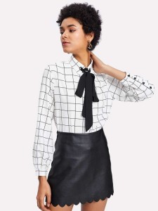 Contrast Tie Neck Grid Print Shirt