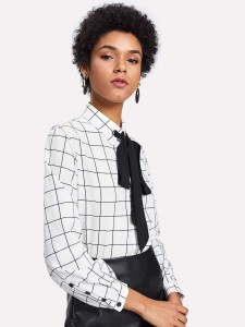 Contrast Tie Neck Grid Print Shirt