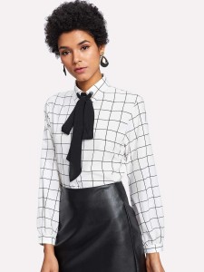 Contrast Tie Neck Grid Print Shirt