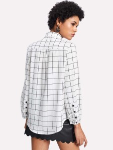 Contrast Tie Neck Grid Print Shirt