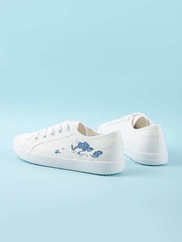 Crane Pattern Lace-up Front Canvas Sneakers