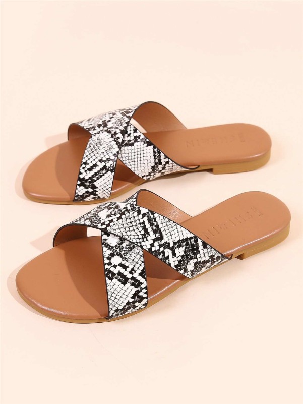 Criss Cross Snakeskin Slide Sandals