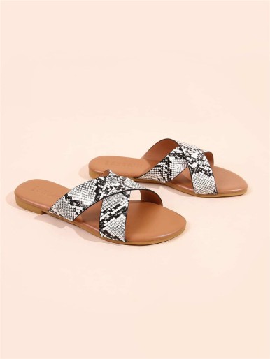 Criss Cross Snakeskin Slide Sandals