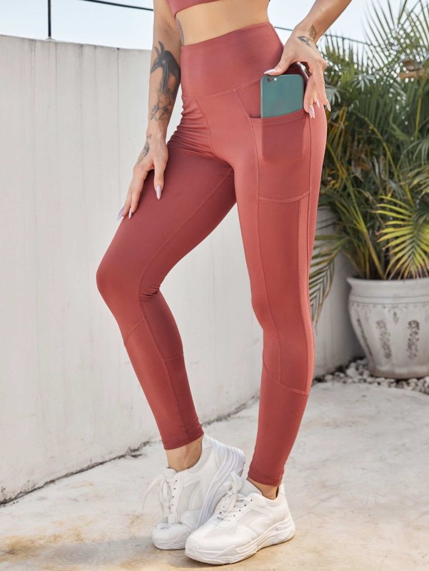 Wide Waistband Solid Sports Leggings With Phone Pocket