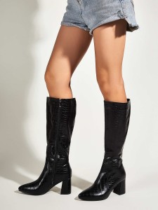 Croc Embossed Chunky Heeled Knee Boots