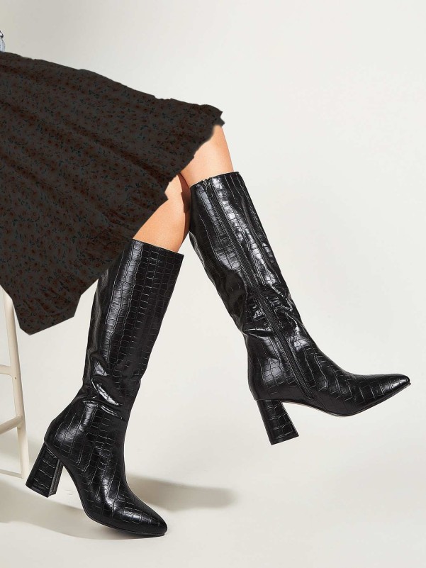 Croc Embossed Chunky Heeled Knee Boots