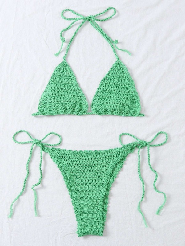 Crochet Halter Tie Side Bikini Swimsuit