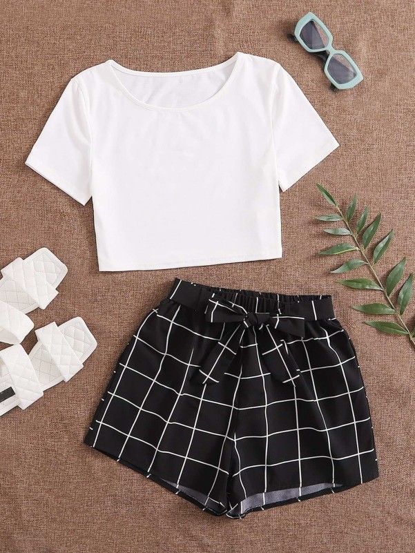 SHEIN BAE Grid Print Cropped Cami Top & Mini Skirt Set