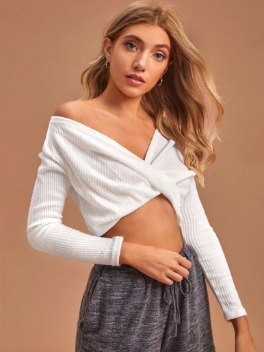 Crossover Rib-knit Crop Lounge Top