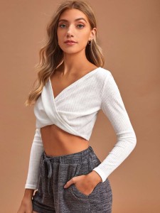 Crossover Rib-knit Crop Lounge Top