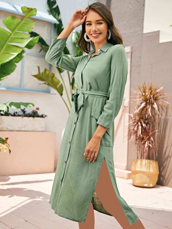 Dual Pocket Belted Slit Hem Shirt Dress