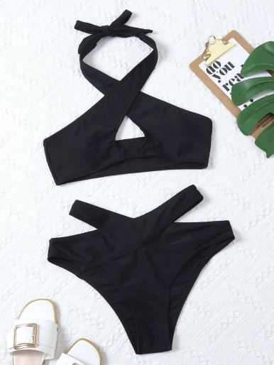 Cut-out Cross Front Bikini Swimsuit