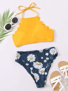 Daisy Floral Scallop Halter Bikini Swimsuit