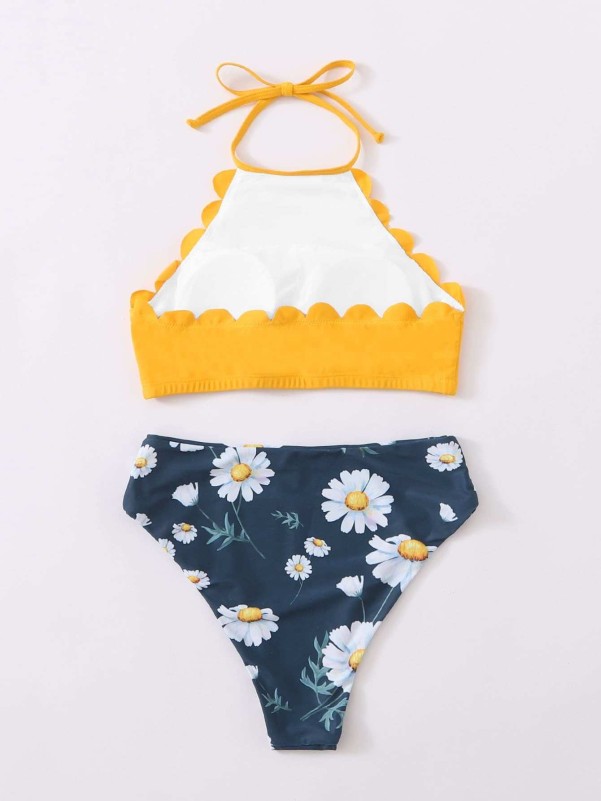 Daisy Floral Scallop Halter Bikini Swimsuit