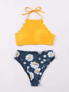 Daisy Floral Scallop Halter Bikini Swimsuit