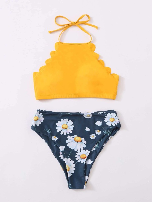 Daisy Floral Scallop Halter Bikini Swimsuit