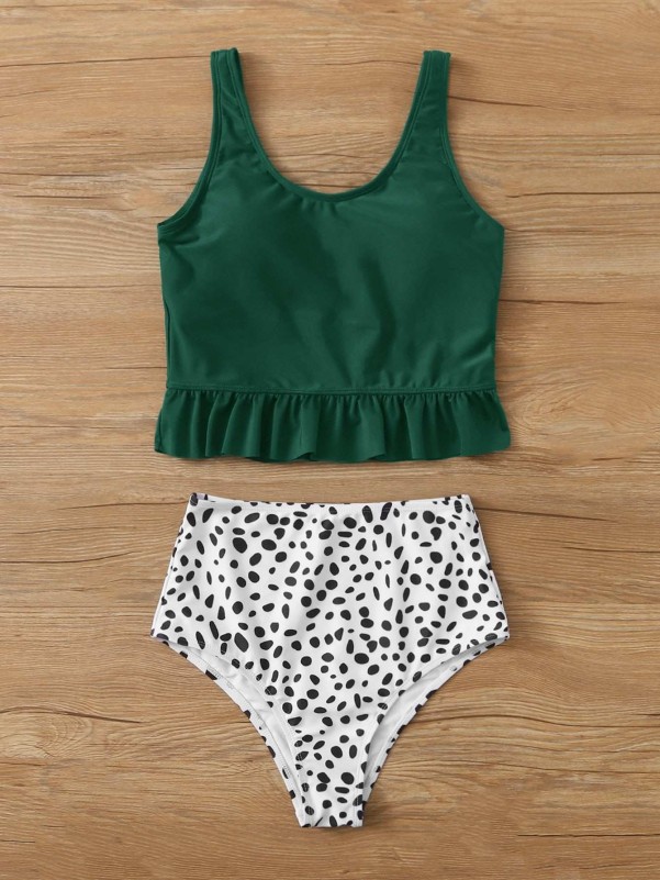 Dalmatian Ruffle Hem High Waisted Bikini Swimsuit