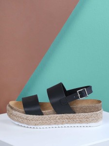 Double Band Cork Footbed Espadrille Platform Wedge Sandals BLACK