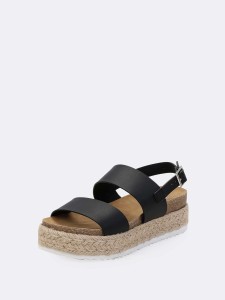 Double Band Cork Footbed Espadrille Platform Wedge Sandals BLACK