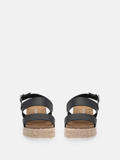 Double Band Cork Footbed Espadrille Platform Wedge Sandals BLACK