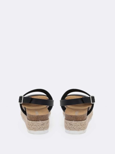 Double Band Cork Footbed Espadrille Platform Wedge Sandals BLACK