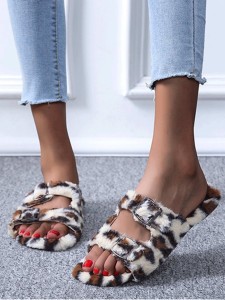 Double Buckle Decor Open Toe Fluffy Sandals