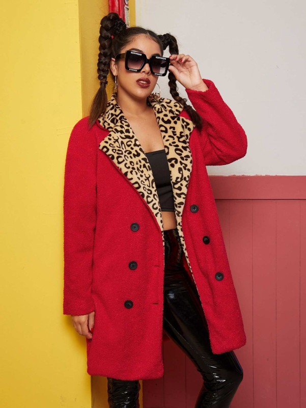 Double Button Leopard Print Lined Teddy Coat