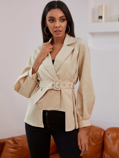 Double Crazy Drop Shoulder Buckle Belted Asymmetrical Hem Coat