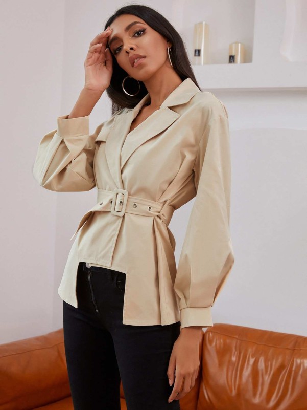 Double Crazy Drop Shoulder Buckle Belted Asymmetrical Hem Coat