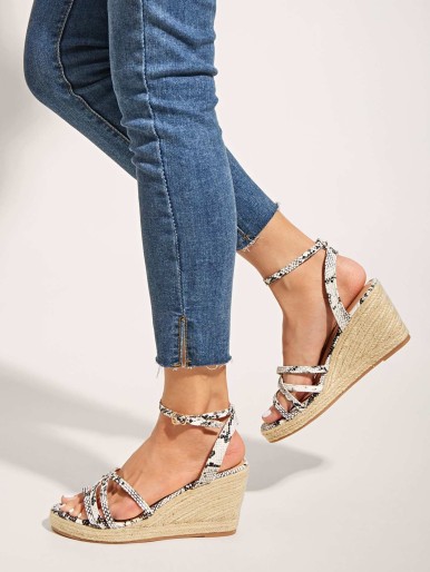 Snakeskin Print Strappy Espadrille Wedges