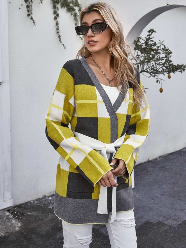 Drop Shoulder Belted Plaid Cardigan