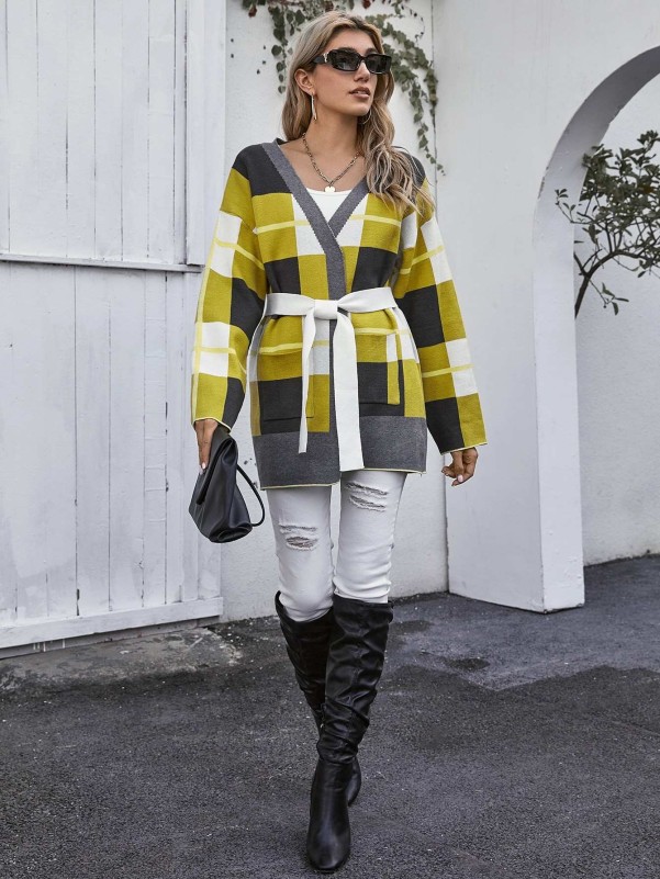 Drop Shoulder Belted Plaid Cardigan