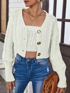 Drop Shoulder Cable Knit Cardigan & Camisole Set