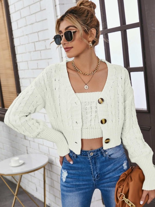 Drop shoulder cable knit cardigan hotsell