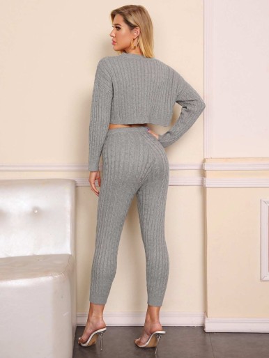 Drop Shoulder Cable Knit Sweater & Tie Waist Pants Set