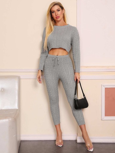 Drop Shoulder Cable Knit Sweater & Tie Waist Pants Set