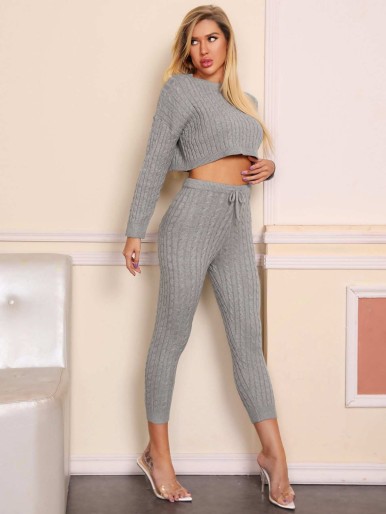 Drop Shoulder Cable Knit Sweater & Tie Waist Pants Set