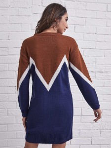 Drop Shoulder Chevron Colorblock Sweater Dress